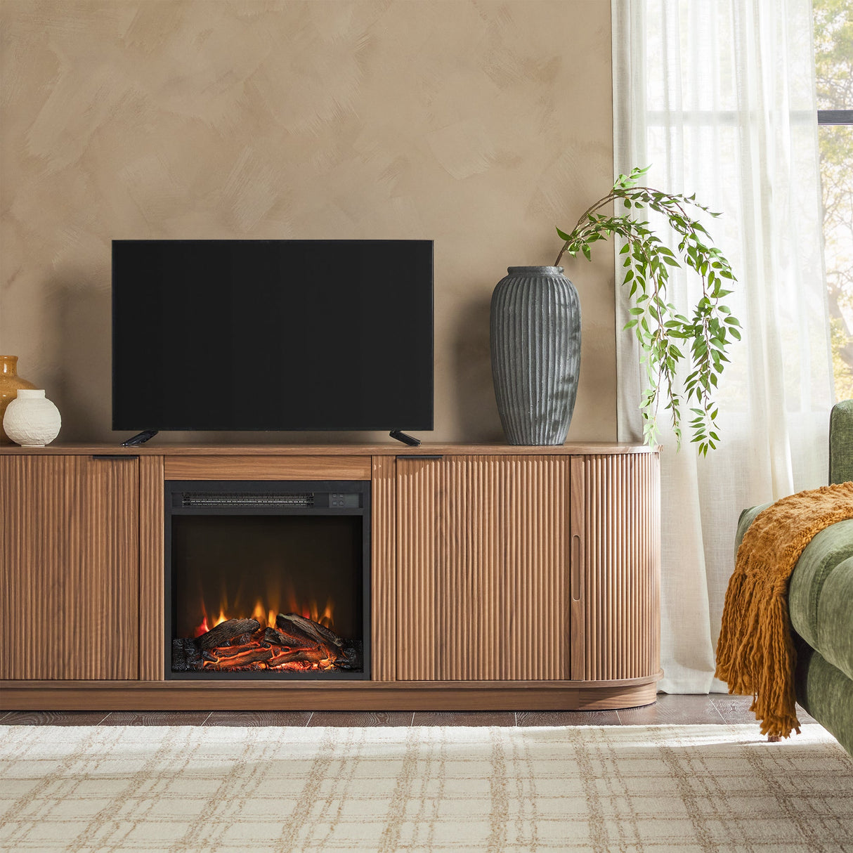 Chloe Modern Scandinavian Reeded Fireplace TV Stand in 2 Sizes-Fireplace-Parc Decor