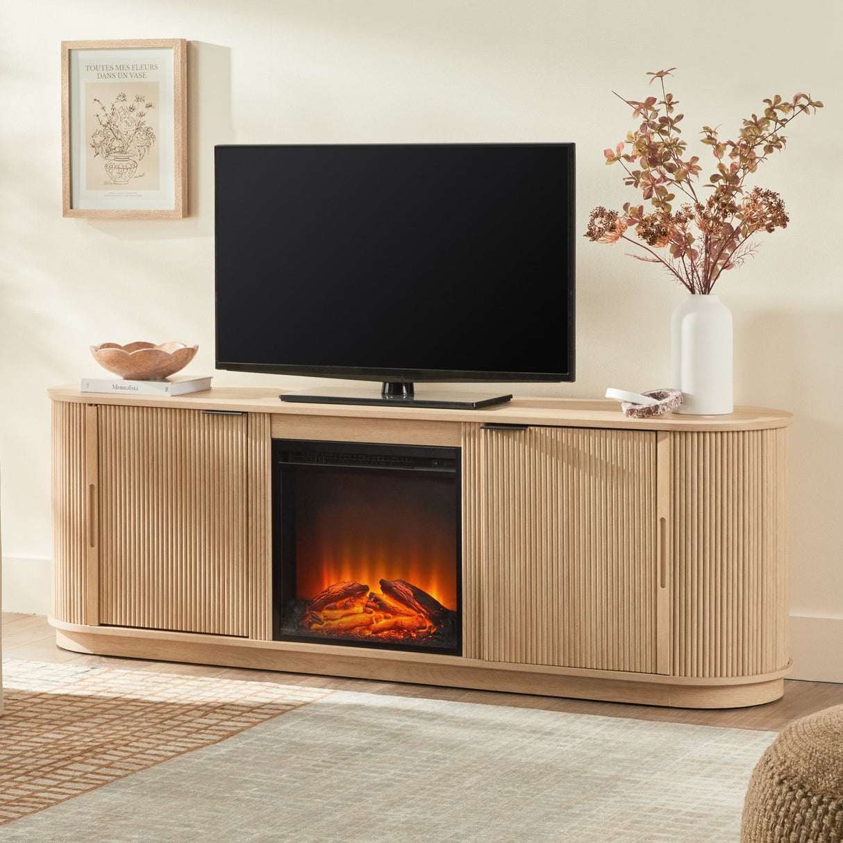 Chloe Modern Scandinavian Reeded Fireplace TV Stand in 2 Sizes-Fireplace-Parc Decor