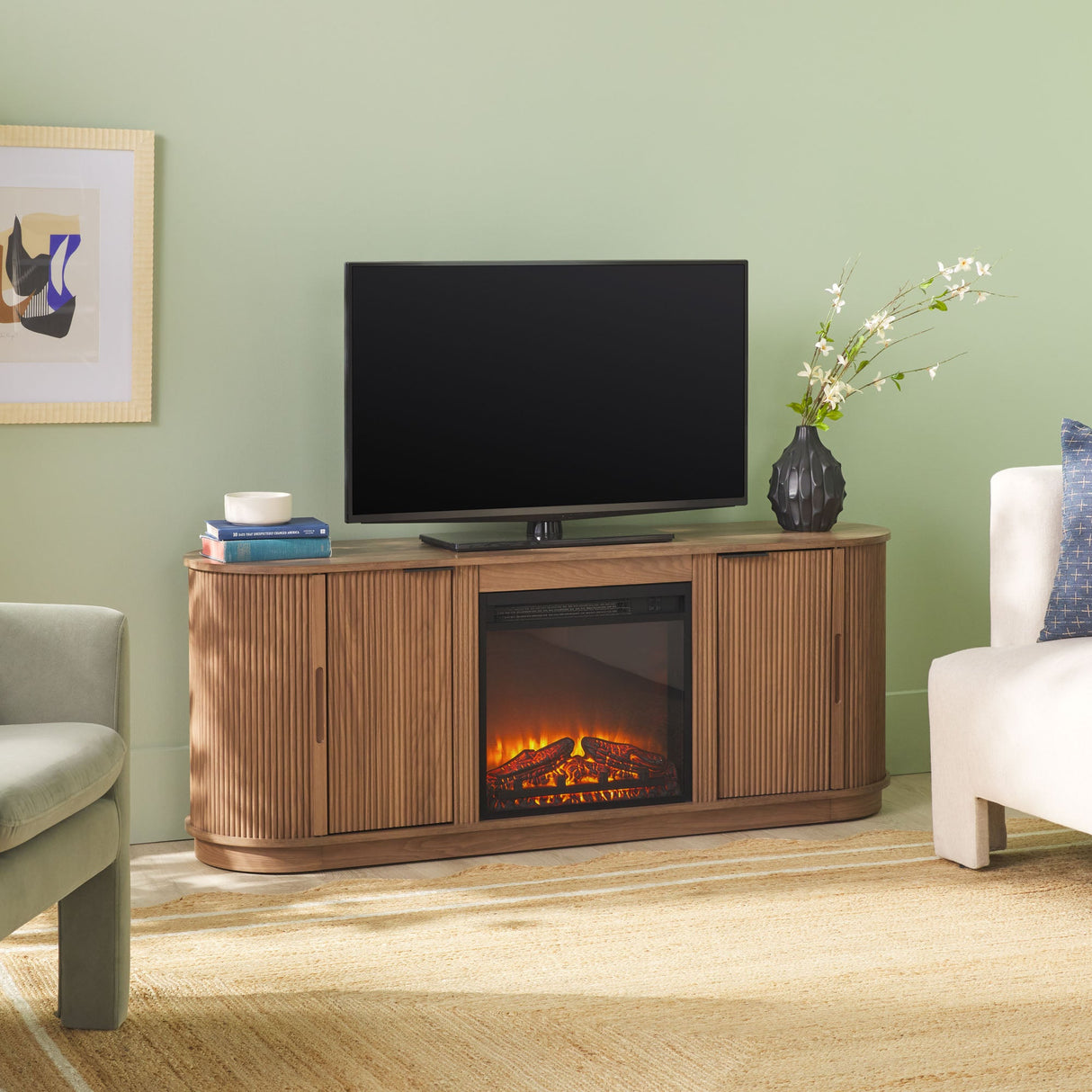Chloe Modern Scandinavian Reeded Fireplace TV Stand in 2 Sizes-Fireplace-Parc Decor