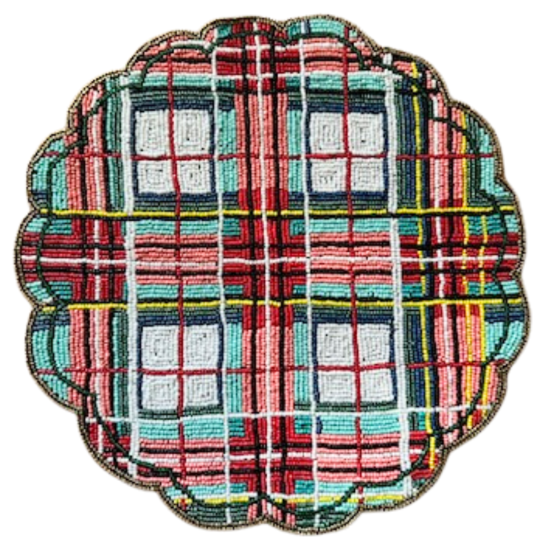 Christmas Beaded Plaid Placemat, Handmade Indian Beaded Tartan Decor, 14" Festive Dining Table Setting by Payton James-Placemats-Parc Decor