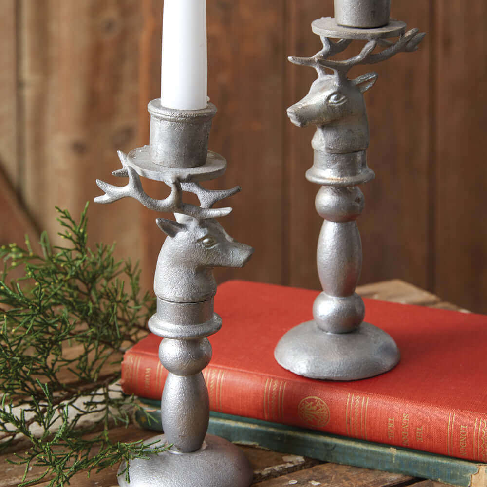 Christmas Reindeer Taper Candle Holders in Metal (Set of 2)-Candleholder-Parc Decor