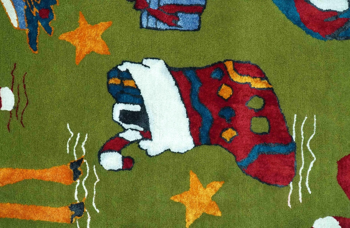 Christmas Rug 5x8 Colorful Santa, Reindeer and Candy Cane Green for kids room-Area Rug-Parc Decor