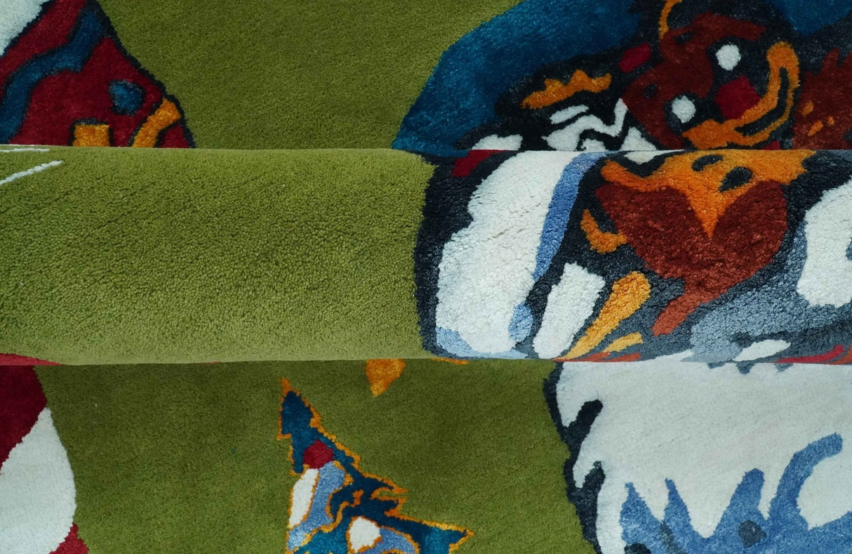 Christmas Rug 5x8 Colorful Santa, Reindeer and Candy Cane Green for kids room-Area Rug-Parc Decor