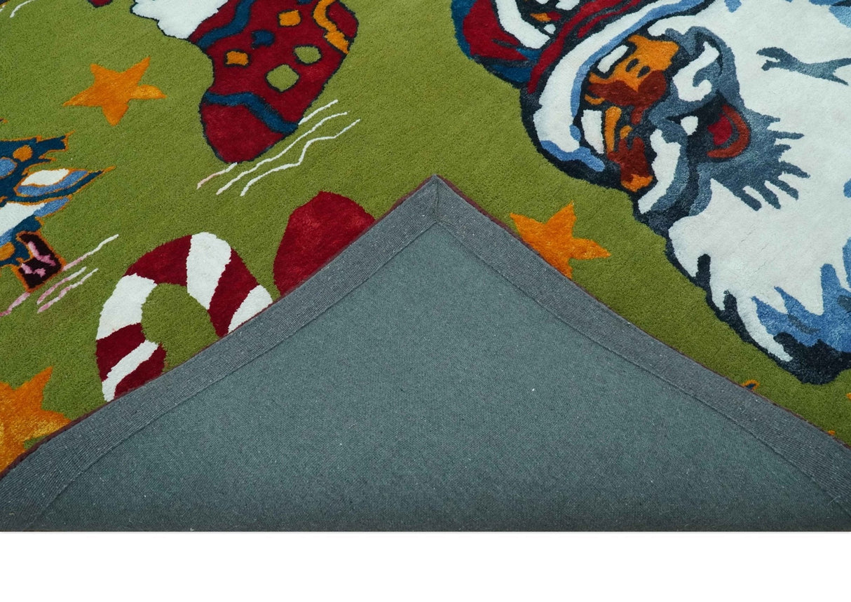 Christmas Rug 5x8 Colorful Santa, Reindeer and Candy Cane Green for kids room-Area Rug-Parc Decor