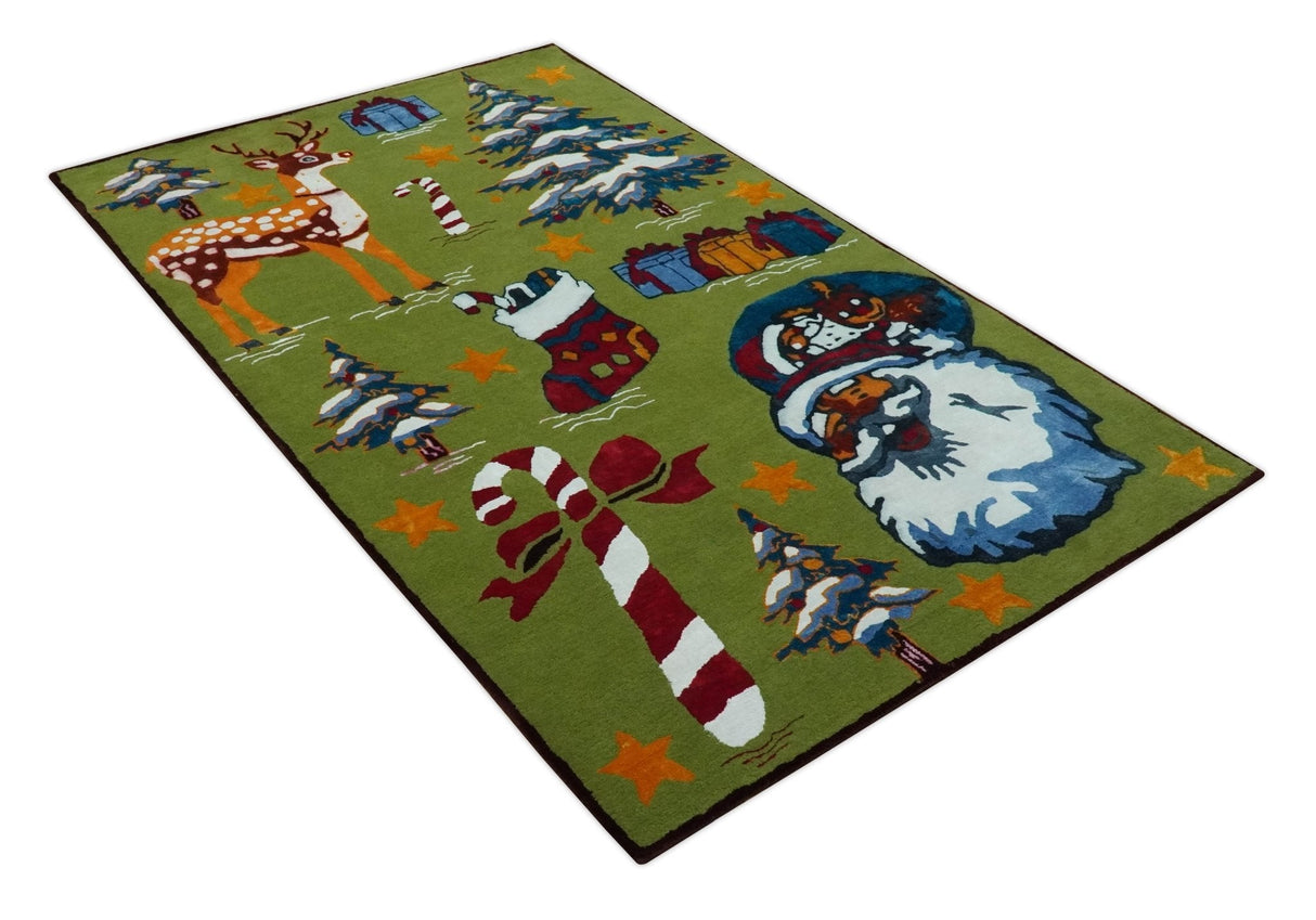 Christmas Rug 5x8 Colorful Santa, Reindeer and Candy Cane Green for kids room-Area Rug-Parc Decor