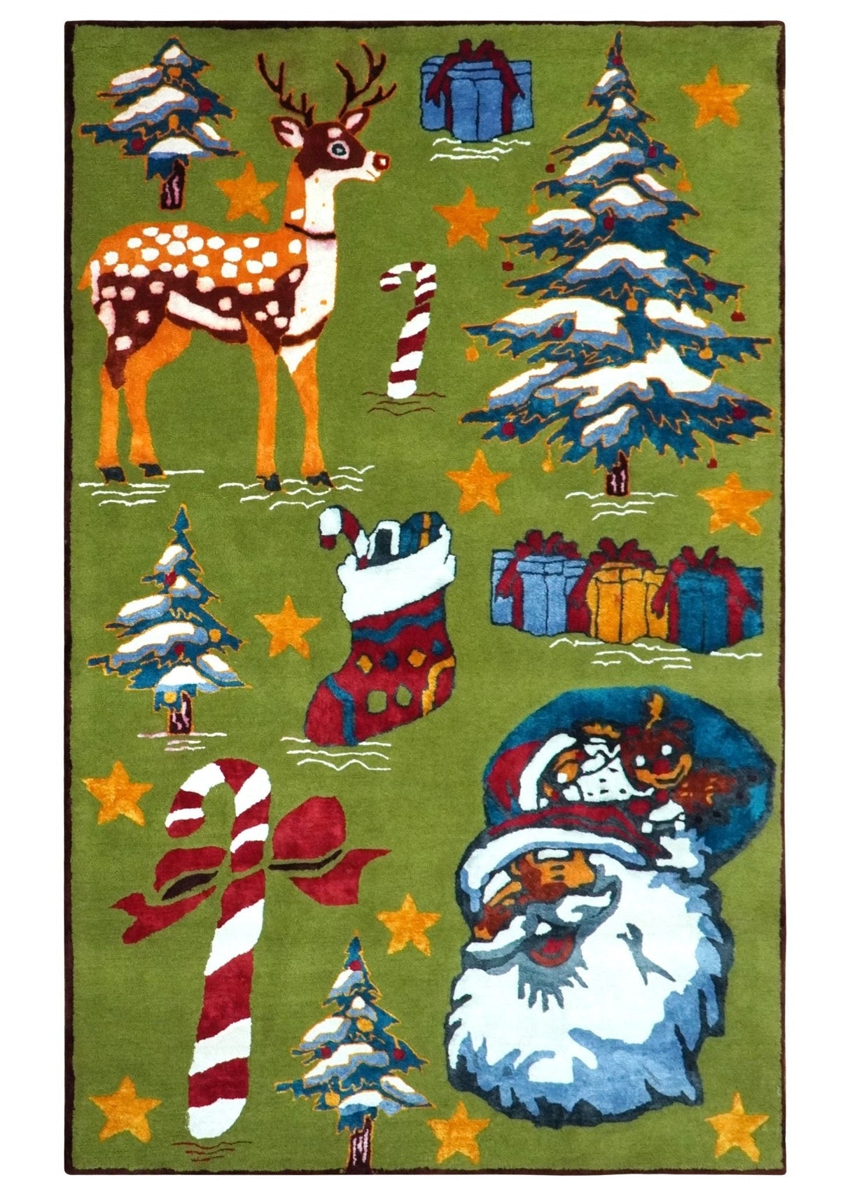 Christmas Rug 5x8 Colorful Santa, Reindeer and Candy Cane Green for kids room-Area Rug-Parc Decor