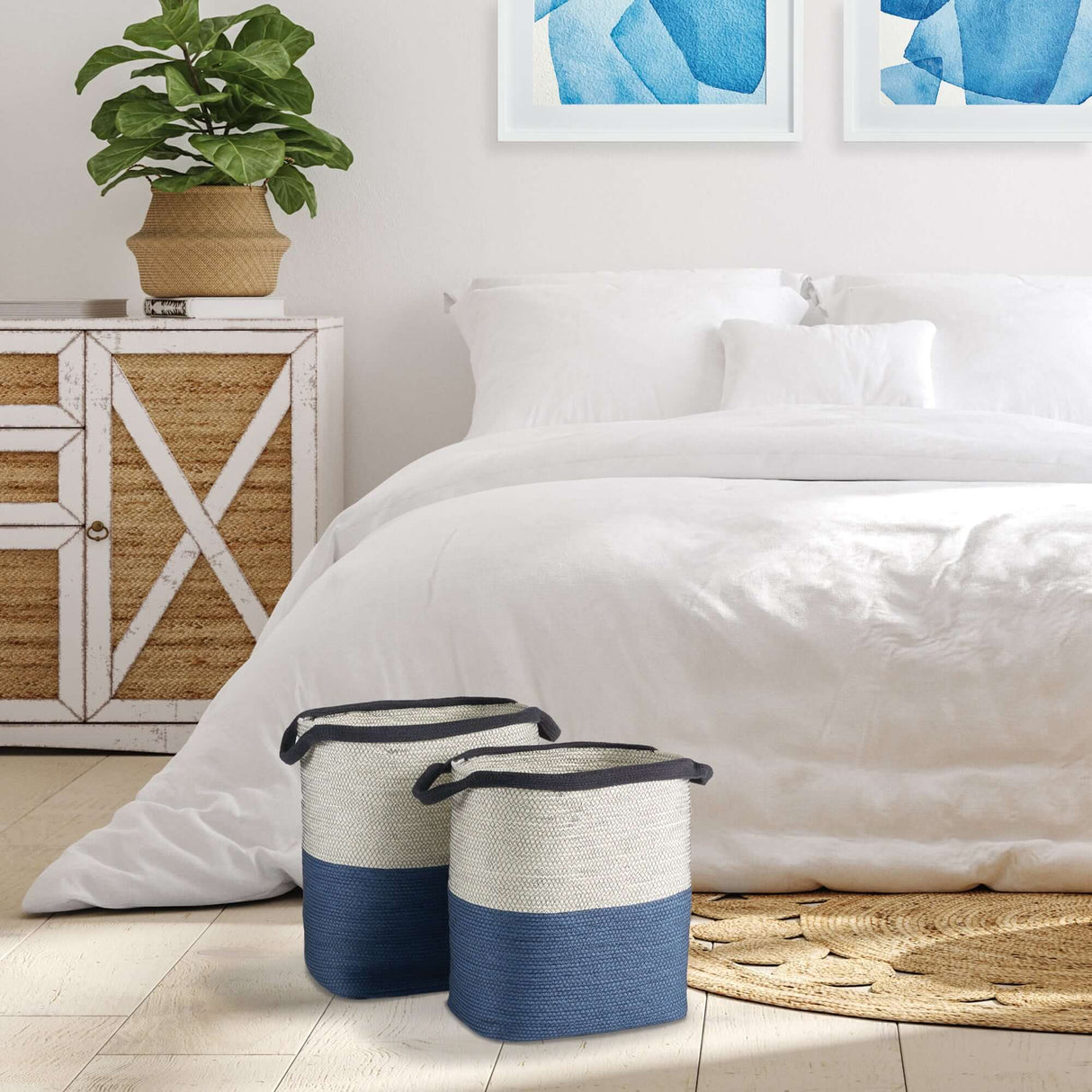 Coastal Blue and Natural Woven Storage Baskets with Handles (Set of 2)-Storage Baskets-Parc Decor