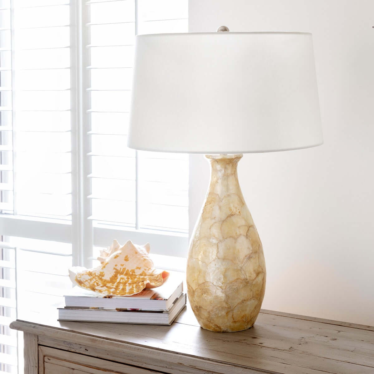 Coastal Pearl Capiz Shell Table Lamp with Linen Shade-table lamp-Parc Decor