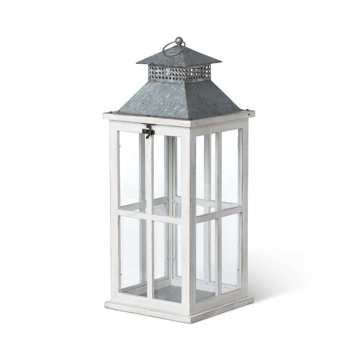 Coastal Whitewash Wood and Glass Lantern with Galvanized Metal Top-Lantern-Parc Decor