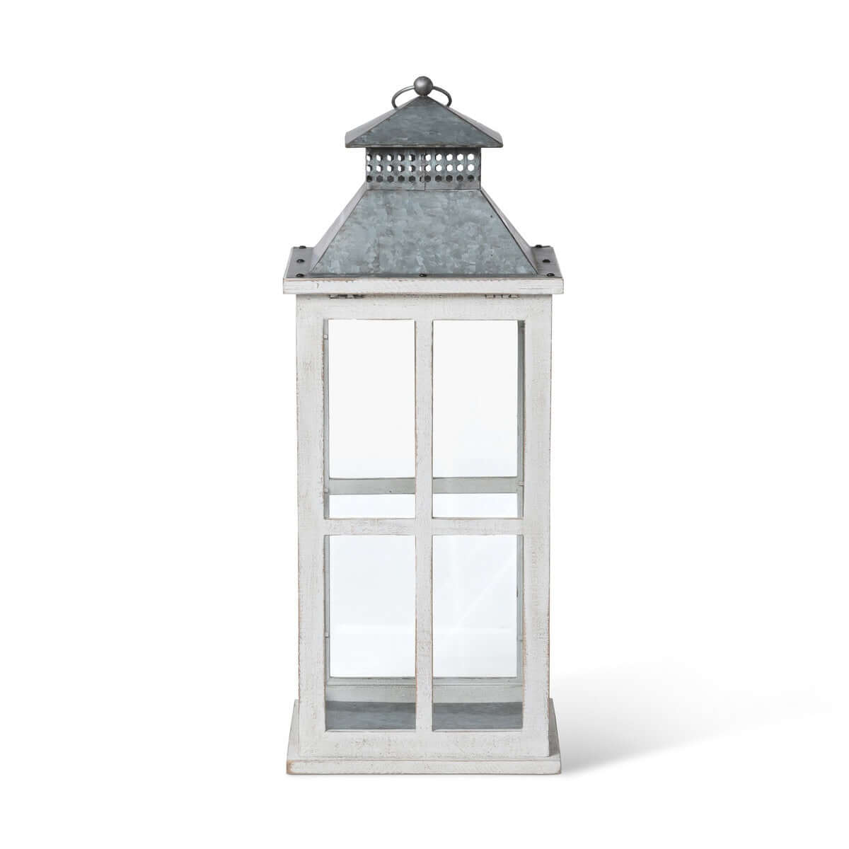 Coastal Whitewash Wood and Glass Lantern with Galvanized Metal Top-Lantern-Parc Decor