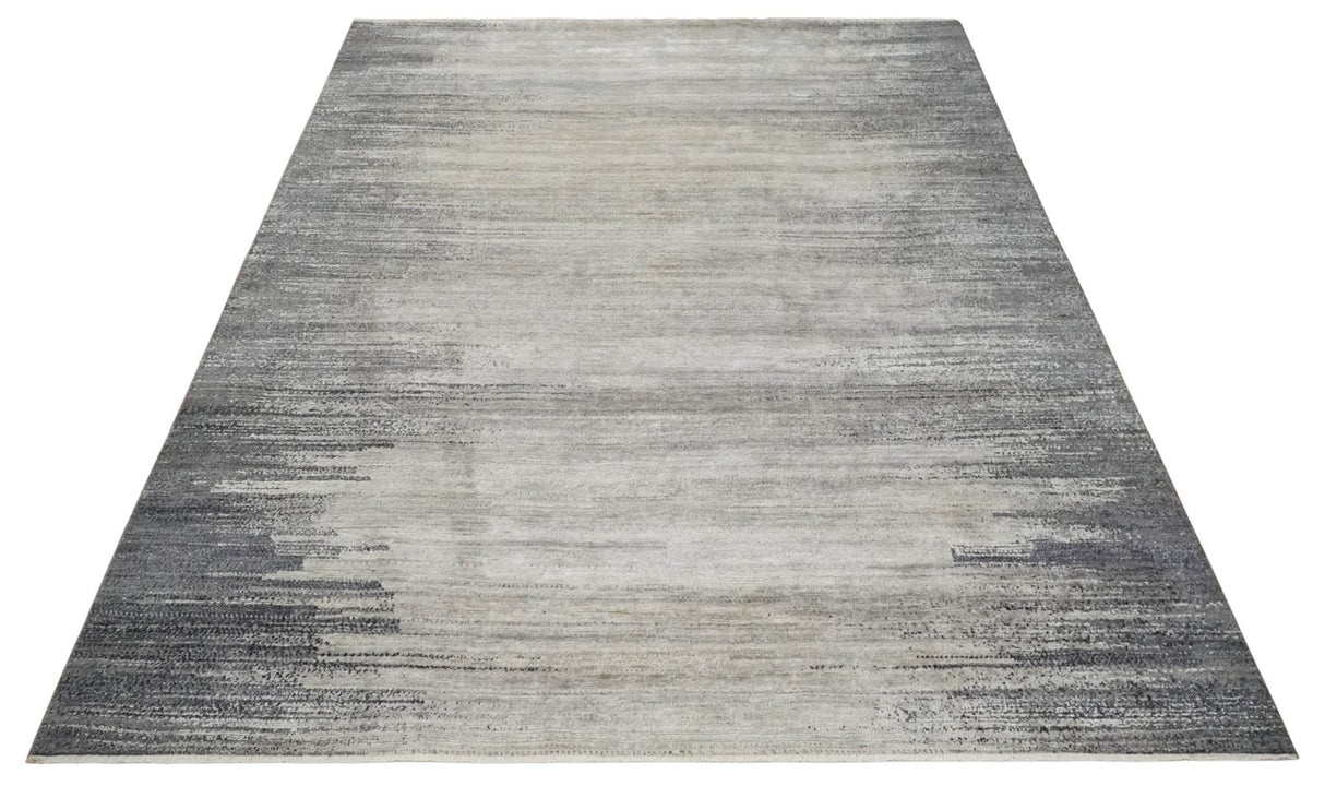Contemporary Abstract 9x12 Hand Knotted Silver and Charcoal Wool and Bamboo Silk Area Rug