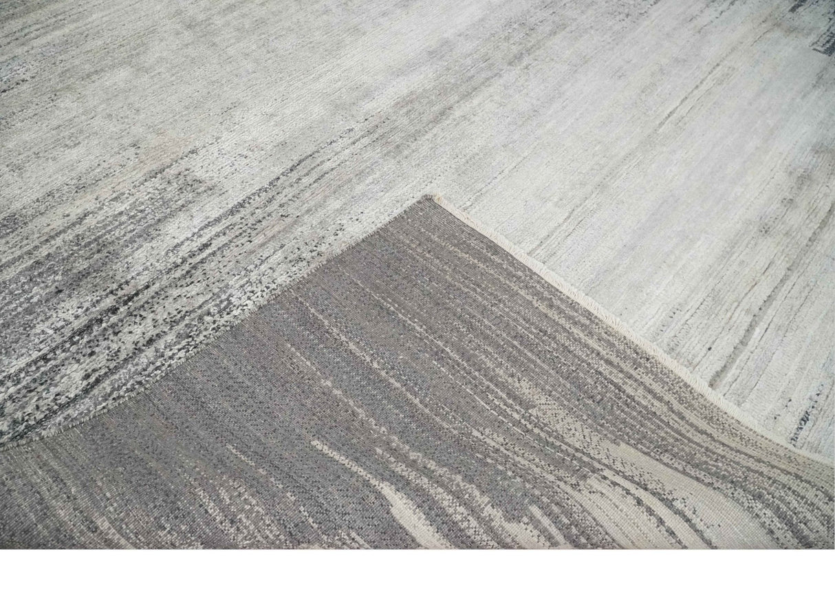 Contemporary Abstract 9x12 Hand Knotted Silver and Charcoal Wool and Bamboo Silk Area Rug