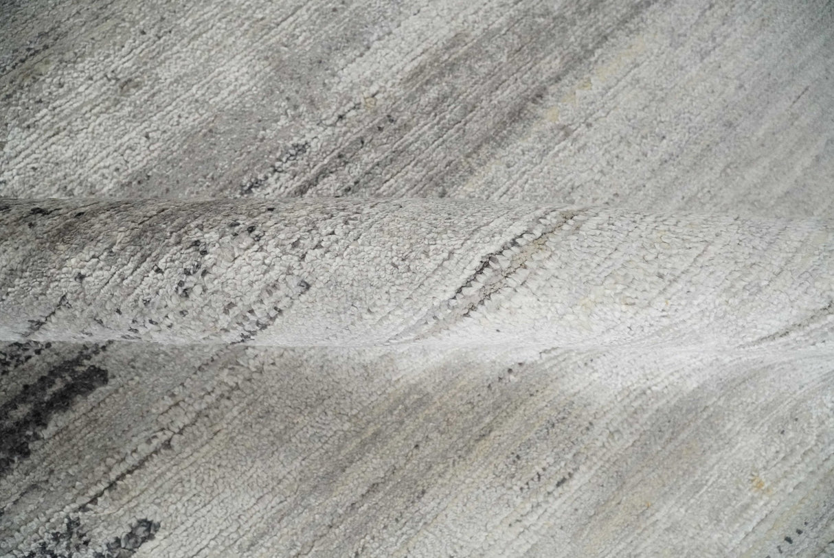 Contemporary Abstract 9x12 Hand Knotted Silver and Charcoal Wool and Bamboo Silk Area Rug