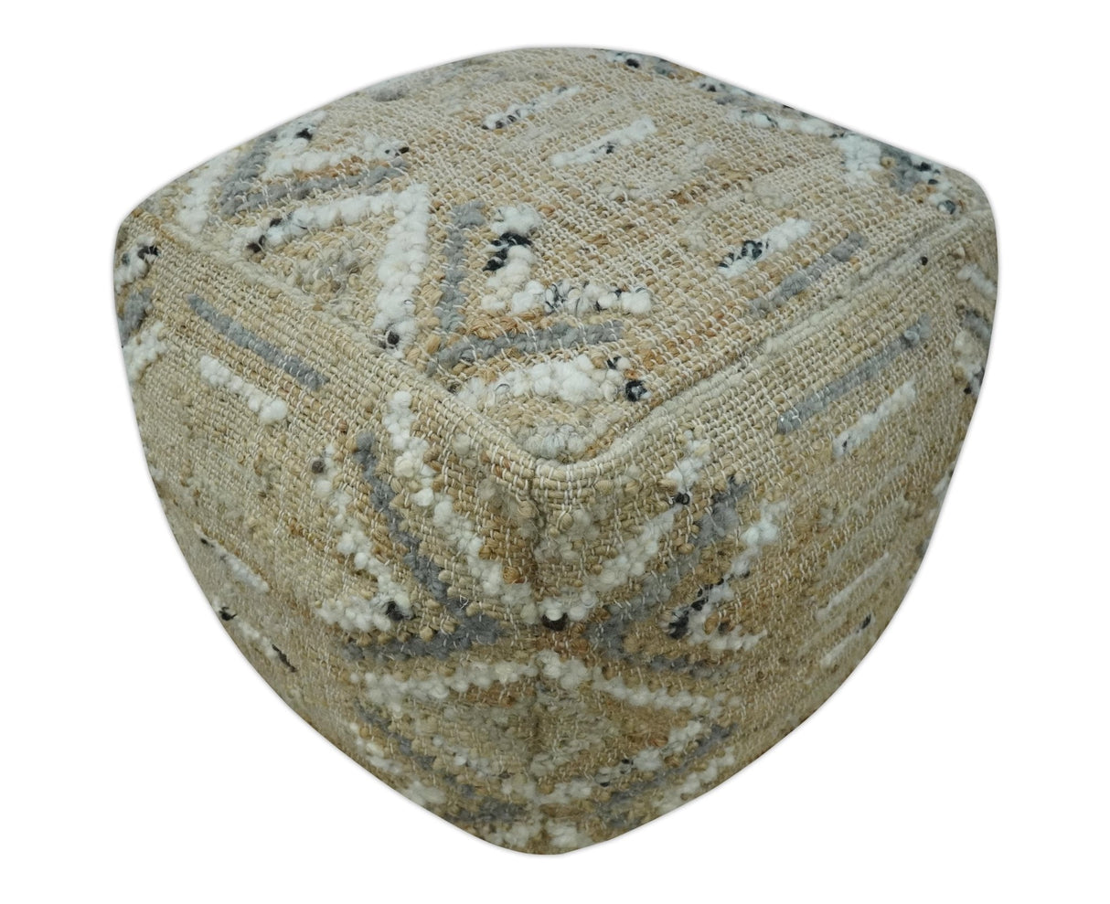 Contemporary Beige, Ivory and Gray Hand Woven Jute and wool Pouf