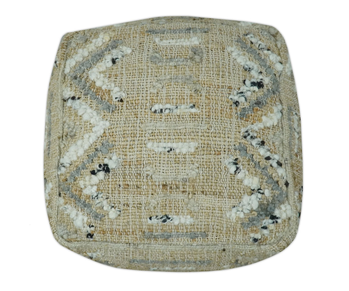 Contemporary Beige, Ivory and Gray Hand Woven Jute and wool Pouf
