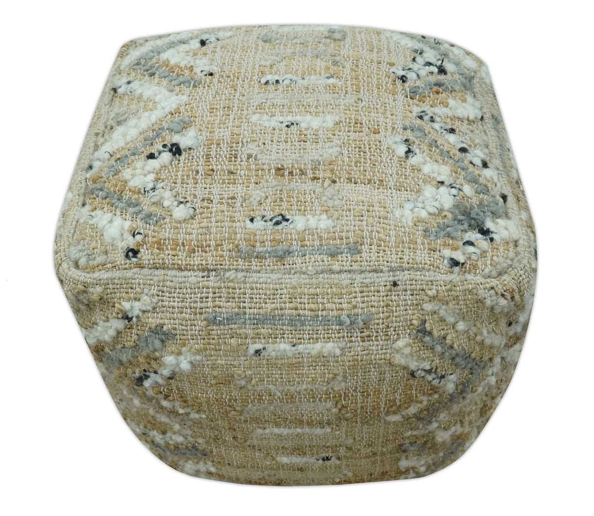 Contemporary Beige, Ivory and Gray Hand Woven Jute and wool Pouf