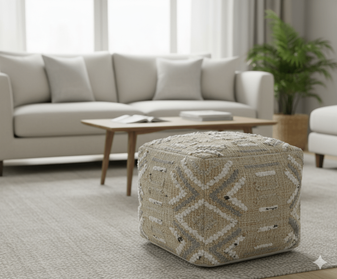 Contemporary Beige, Ivory and Gray Hand Woven Jute and wool Pouf