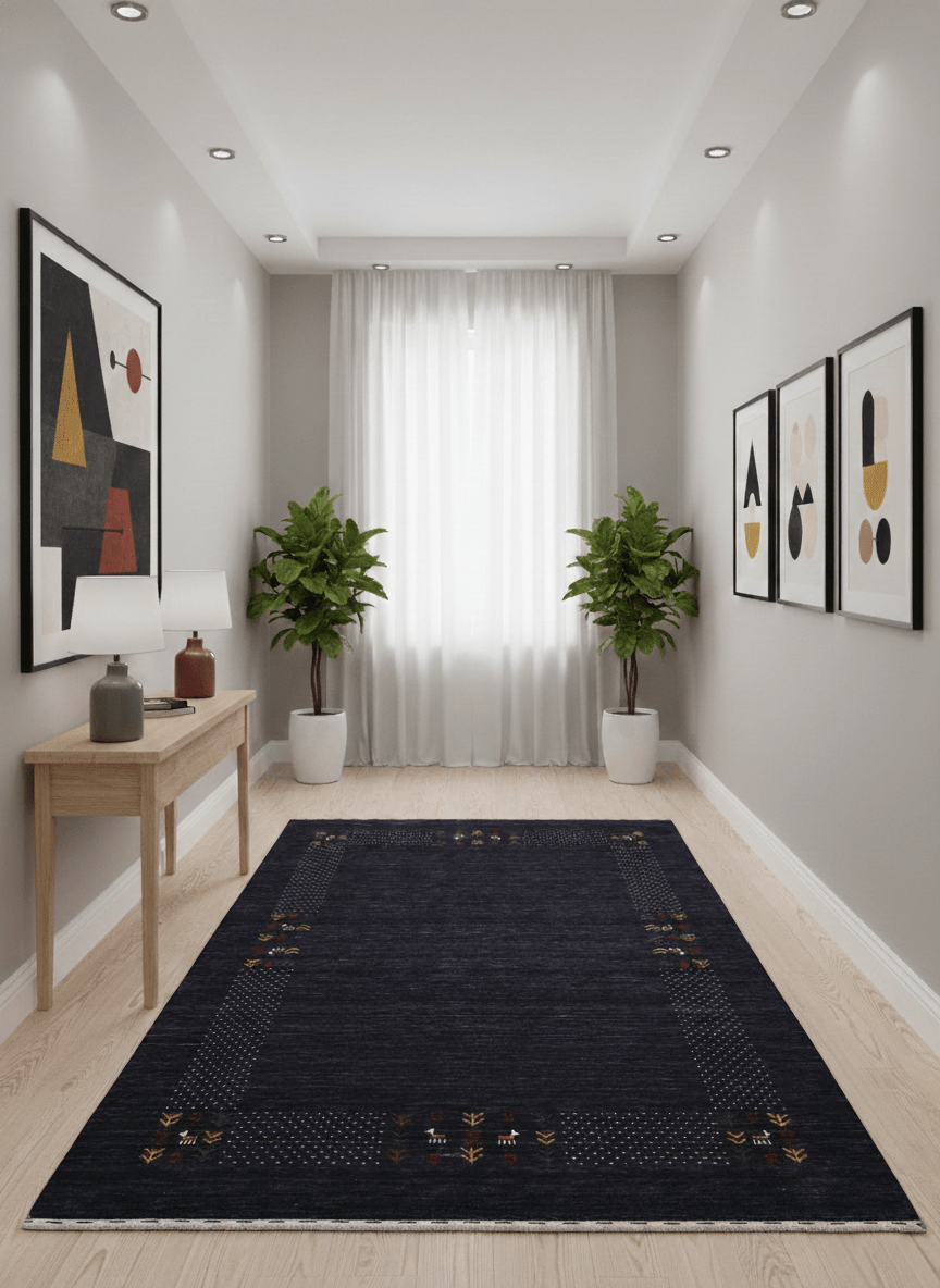 Contemporary Charcoal Gabbeh Border Hand Loomed Wool Area Rug