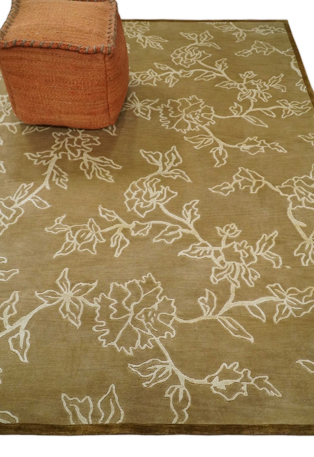 Contemporary Floral 6x8 Brown and Ivory Hand Woven Wool Rug