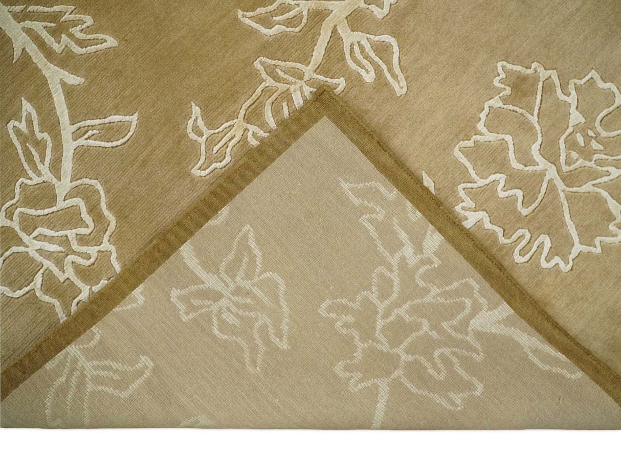 Contemporary Floral 6x8 Brown and Ivory Hand Woven Wool Rug
