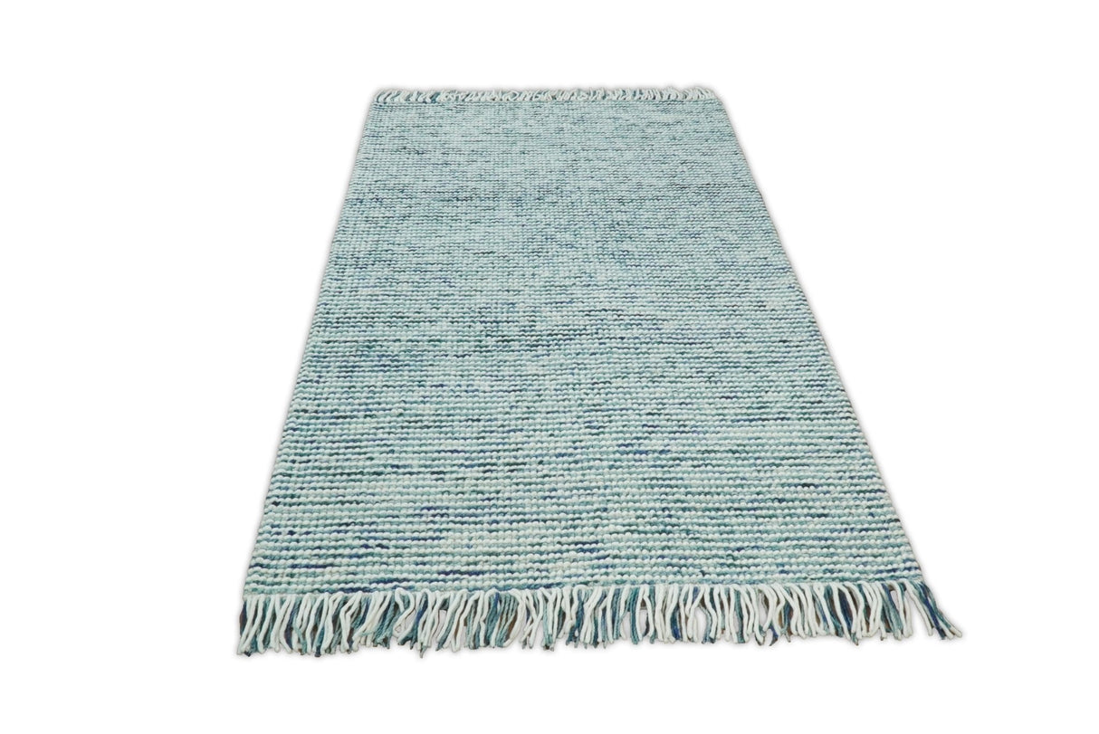 Contemporary Hand Woven Teal Wool Area Rug