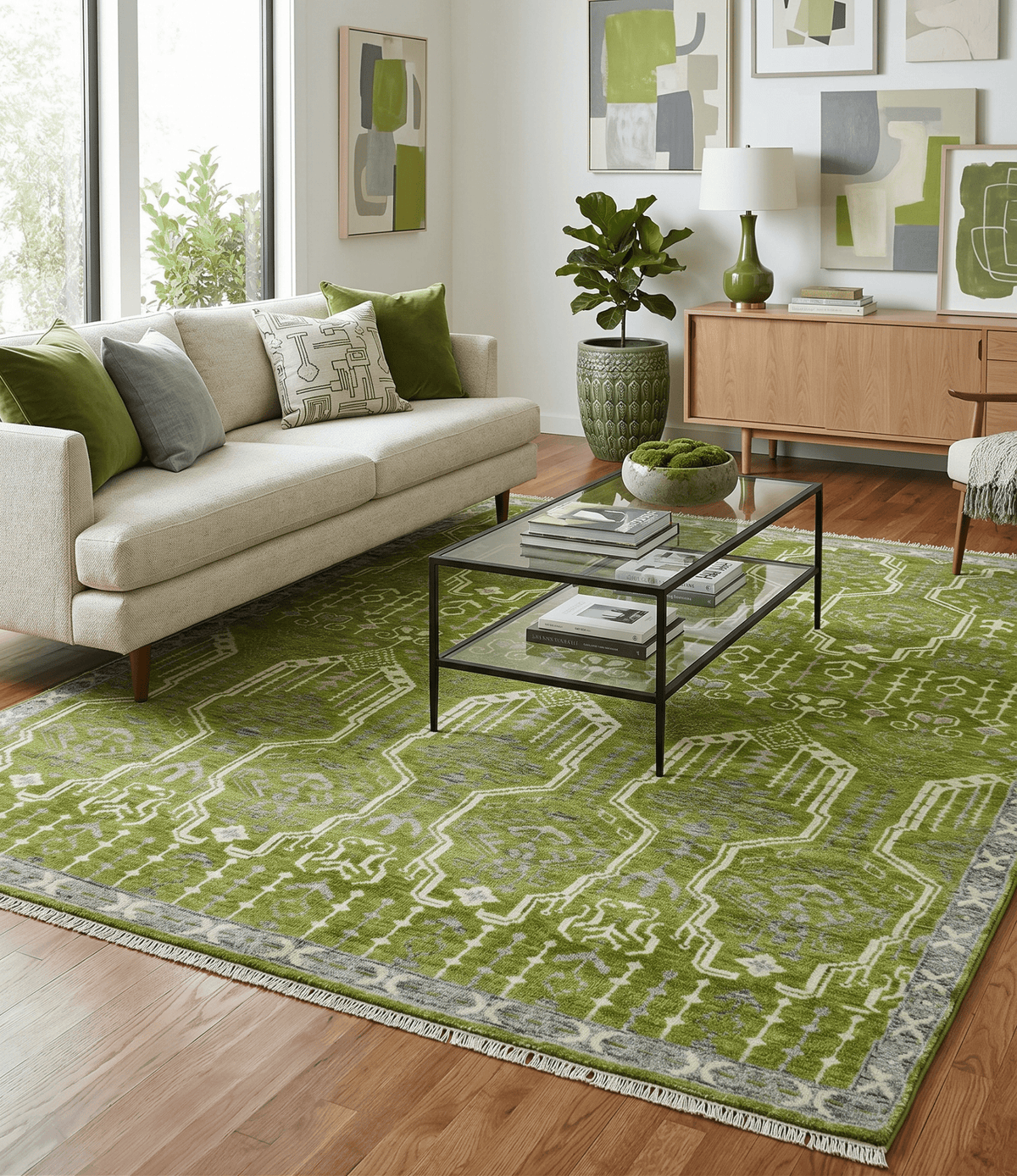 Contemporary Traditional Design Green And Beige Hand Knotted Custom Made Wool Rug