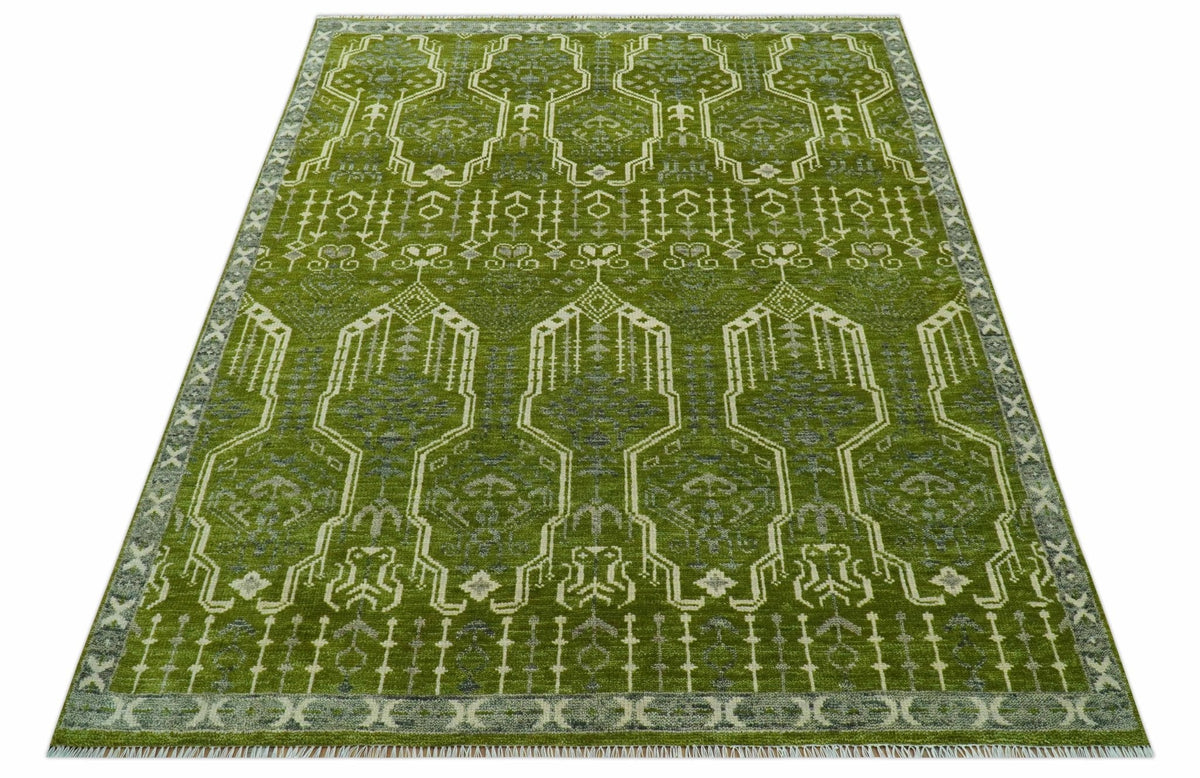 Contemporary Traditional Design Green And Beige Hand Knotted Custom Made Wool Rug