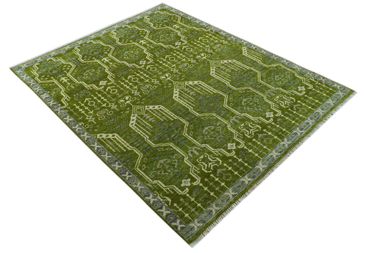 Contemporary Traditional Design Green And Beige Hand Knotted Custom Made Wool Rug