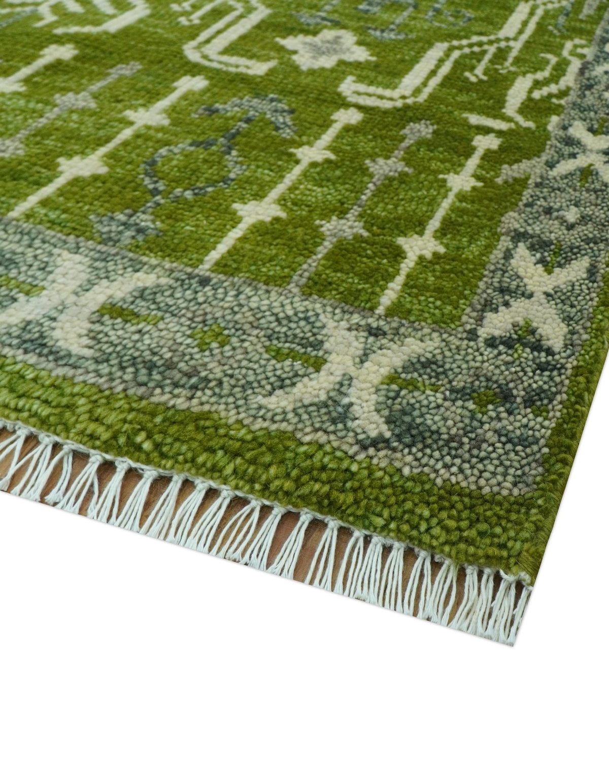 Contemporary Traditional Design Green And Beige Hand Knotted Custom Made Wool Rug