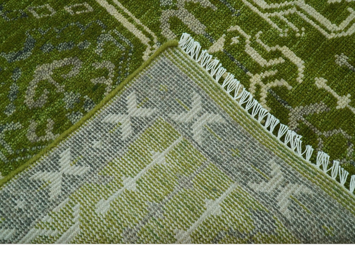 Contemporary Traditional Design Green And Beige Hand Knotted Custom Made Wool Rug
