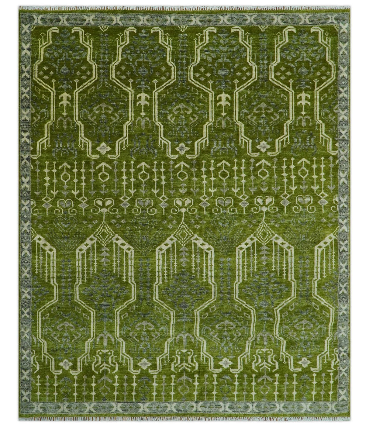 Contemporary Traditional Design Green And Beige Hand Knotted Custom Made Wool Rug
