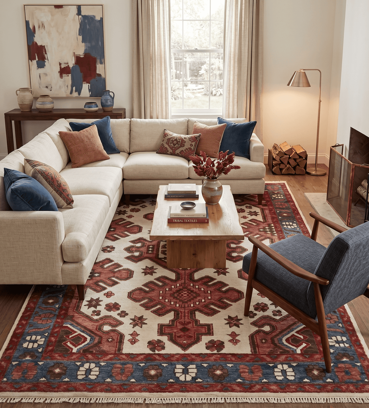 Coral Rust and Ivory Hand Knotted Traditional Heriz Serapi Wool area Rug
