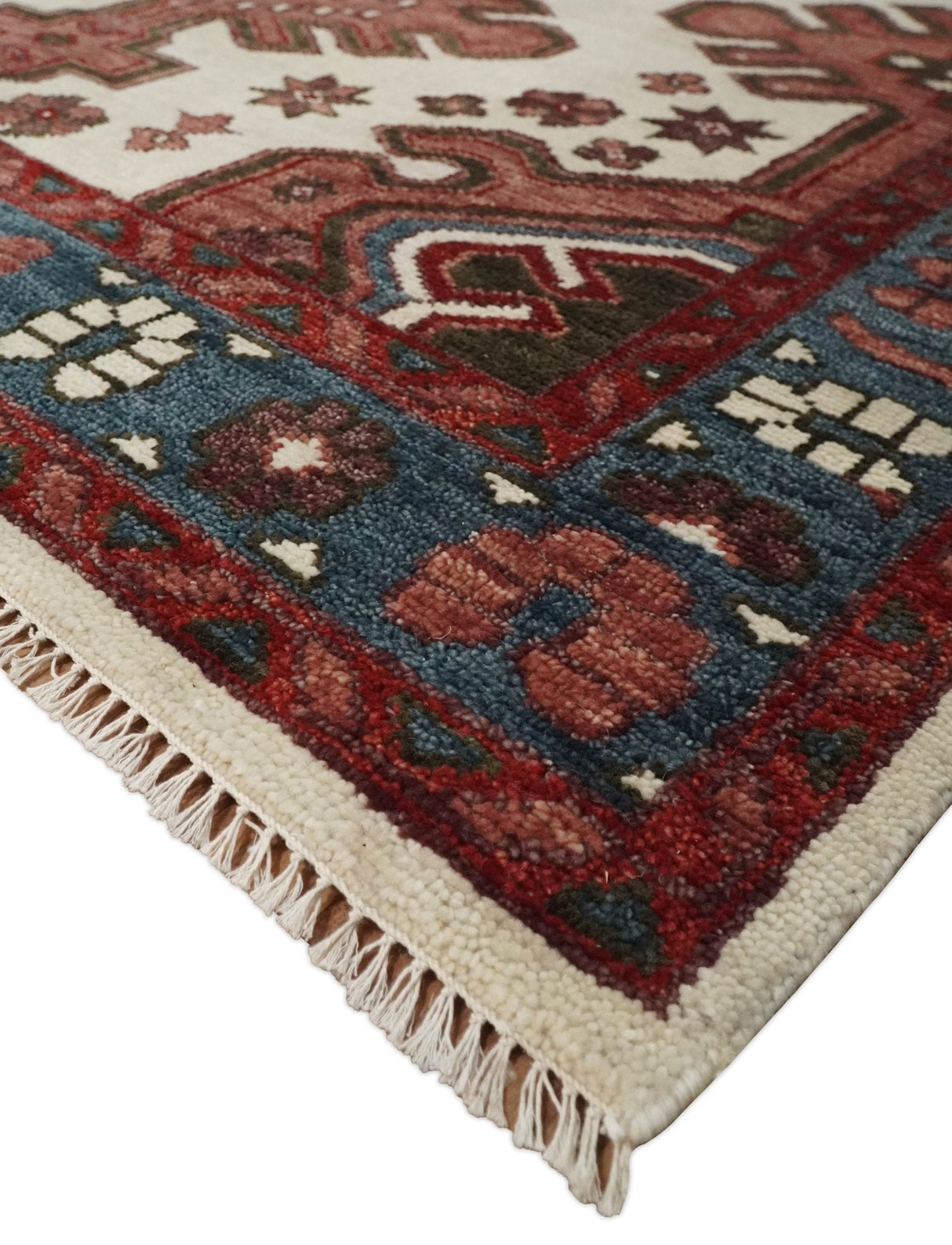 Coral Rust and Ivory Hand Knotted Traditional Heriz Serapi Wool area Rug
