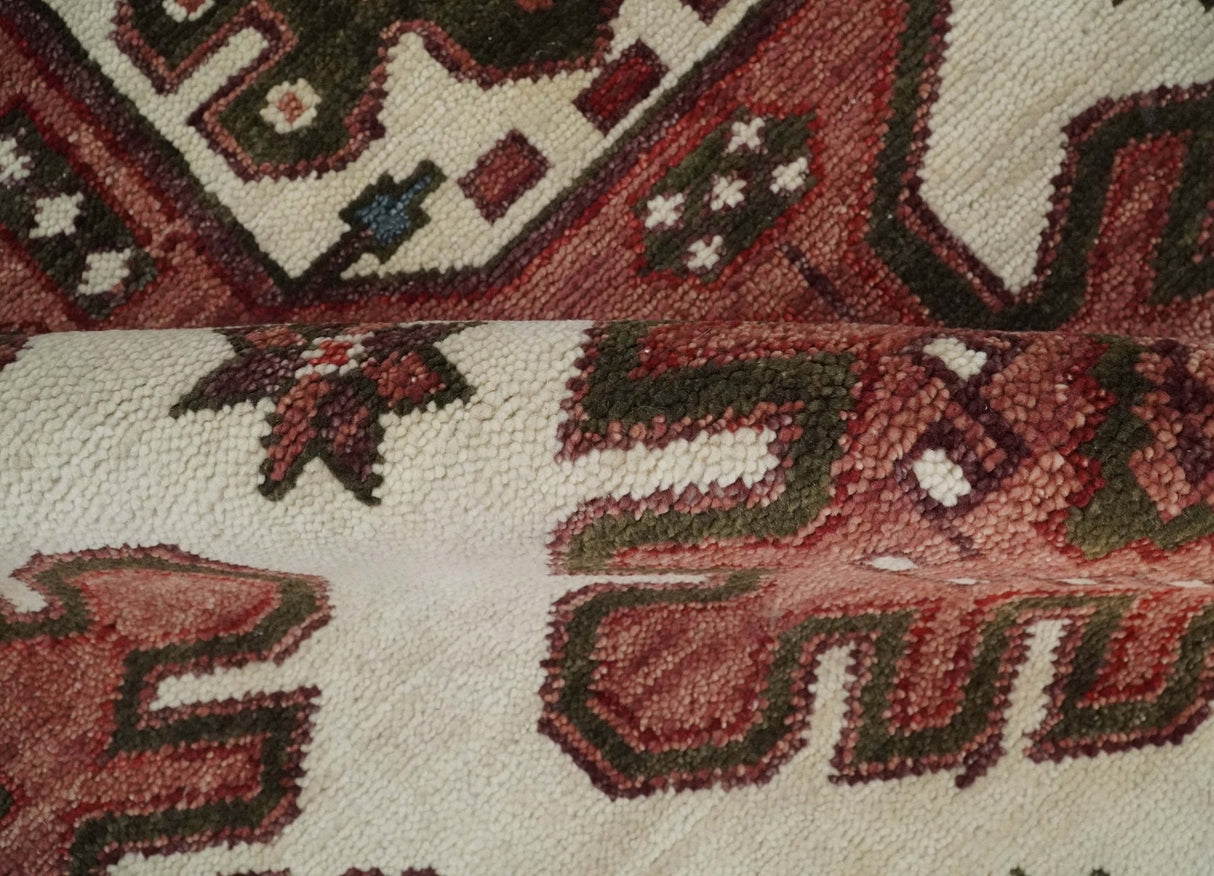 Coral Rust and Ivory Hand Knotted Traditional Heriz Serapi Wool area Rug
