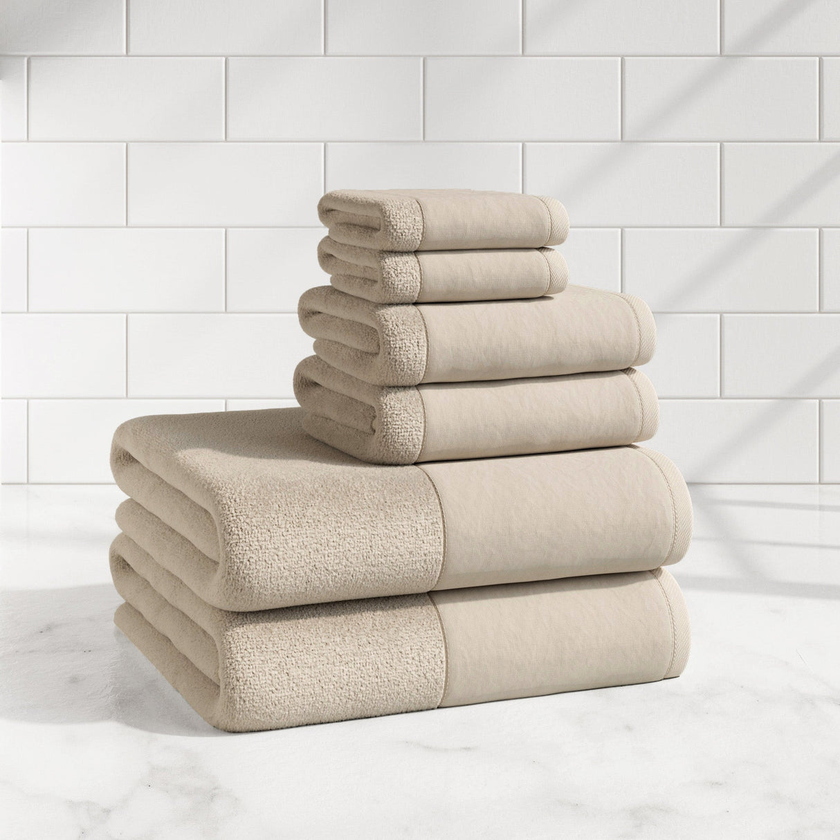 Cotton Linen-Like Border 6-Piece Towel Set – Priya Collection-Bath Towels & Washcloths-Parc Decor