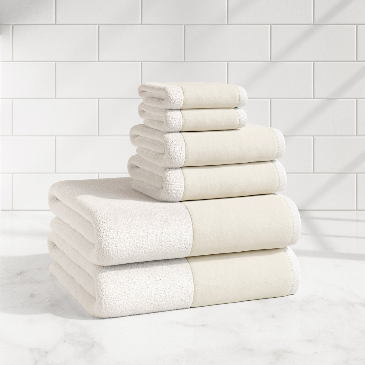Cotton Linen-Like Border 6-Piece Towel Set – Priya Collection-Bath Towels & Washcloths-Parc Decor