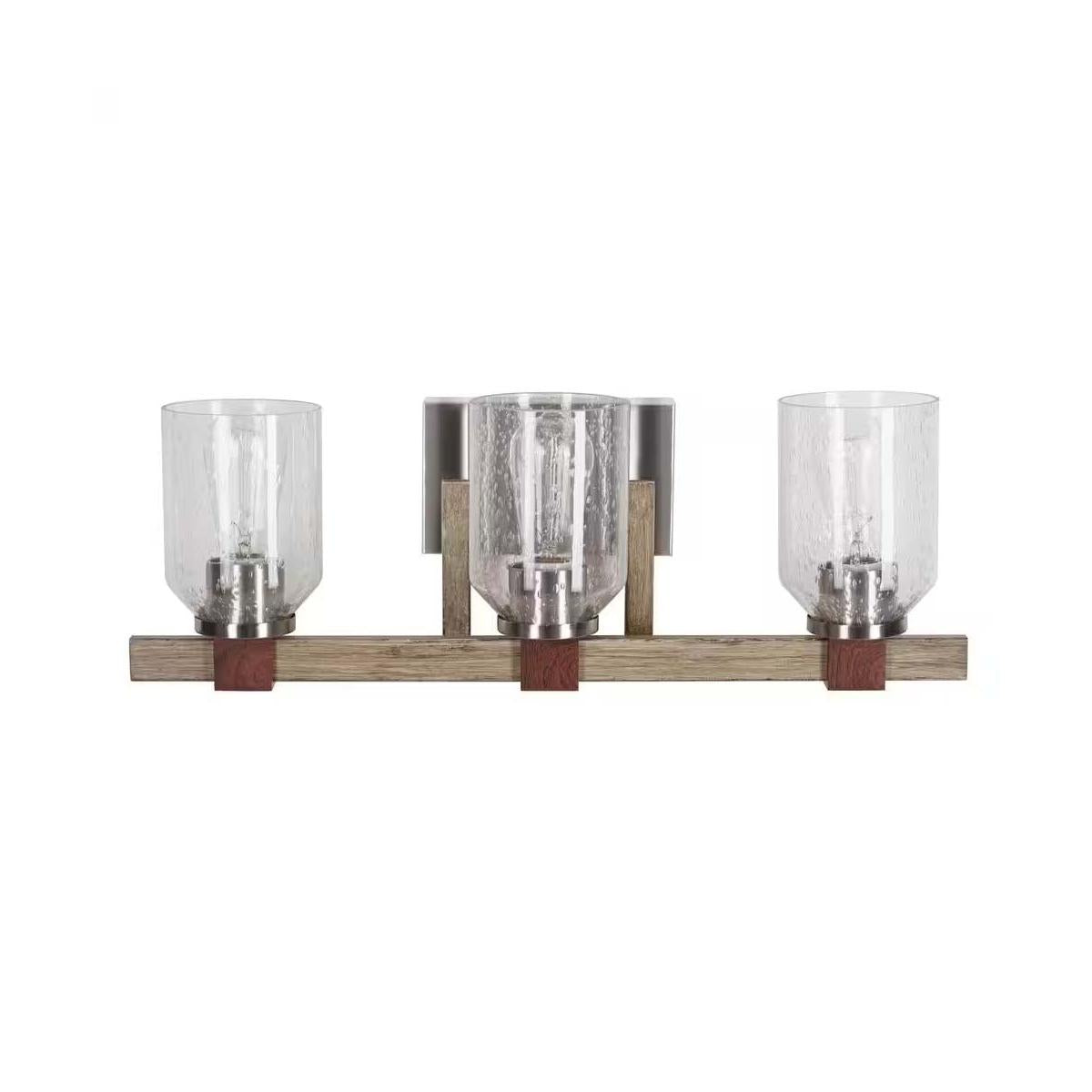 Cresswell 27"W Breckenridge 3-Light Bath Vanity Light Fixture; Brushed Nickel & Walnut Wood Accents & Clear Seeded Glass Shades