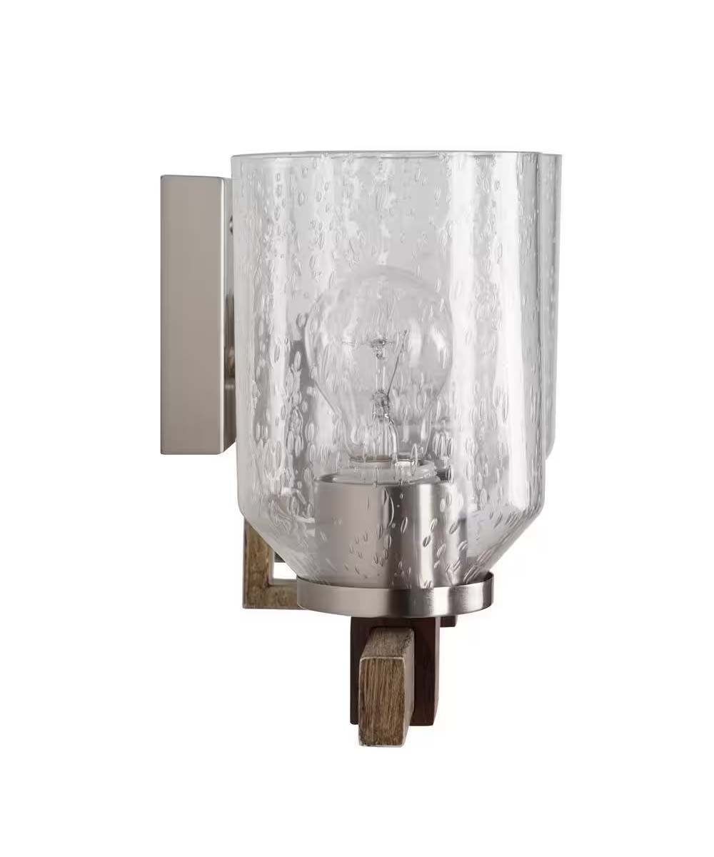 Cresswell 27"W Breckenridge 3-Light Bath Vanity Light Fixture; Brushed Nickel & Walnut Wood Accents & Clear Seeded Glass Shades-Bath Light-Parc Decor