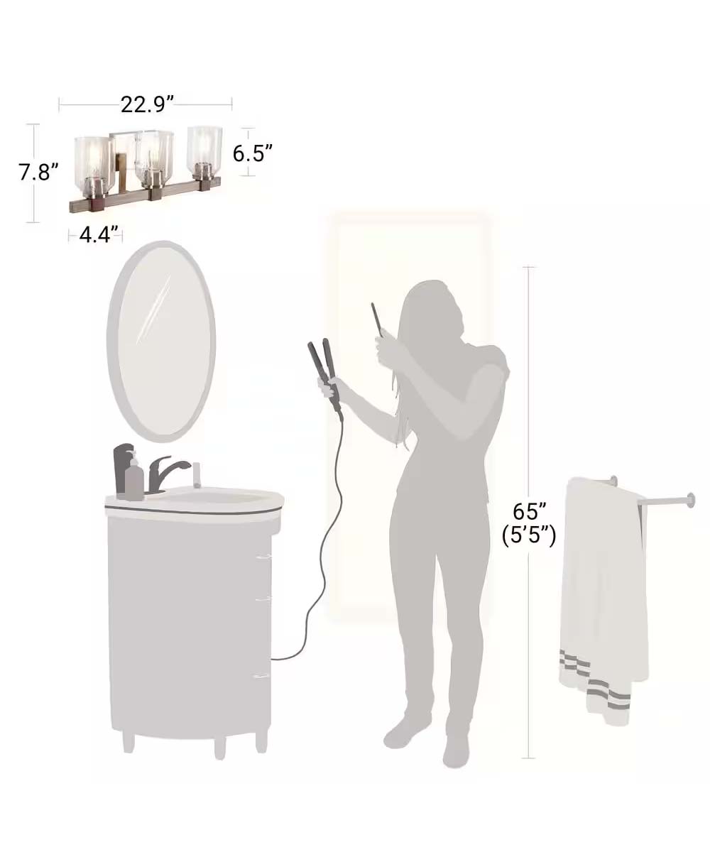 Cresswell 27"W Breckenridge 3-Light Bath Vanity Light Fixture; Brushed Nickel & Walnut Wood Accents & Clear Seeded Glass Shades-Bath Light-Parc Decor