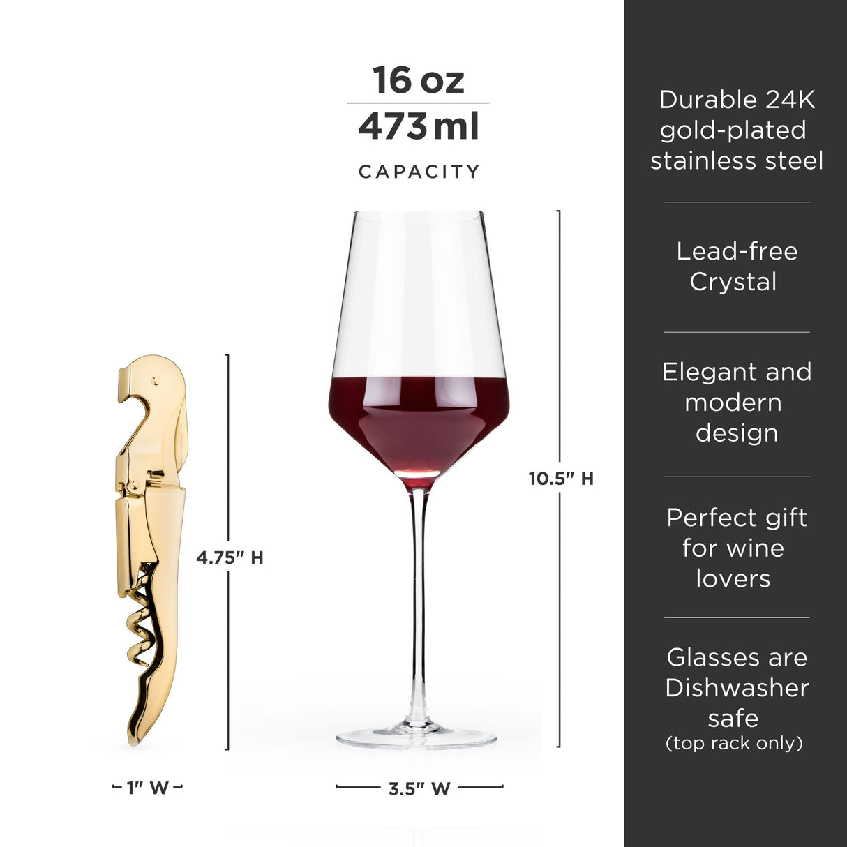 Crystal Bordeaux Glasses & Gold Corkscrew Gift Box Set-product_type::wine_glass_sets-Parc Decor