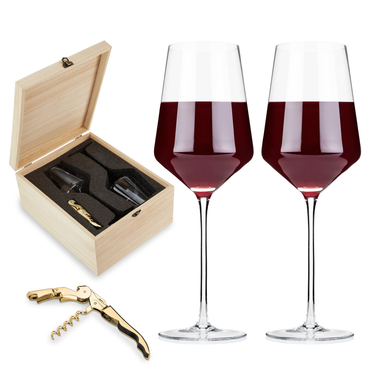 Crystal Bordeaux Glasses & Gold Corkscrew Gift Box Set-product_type::wine_glass_sets-Parc Decor