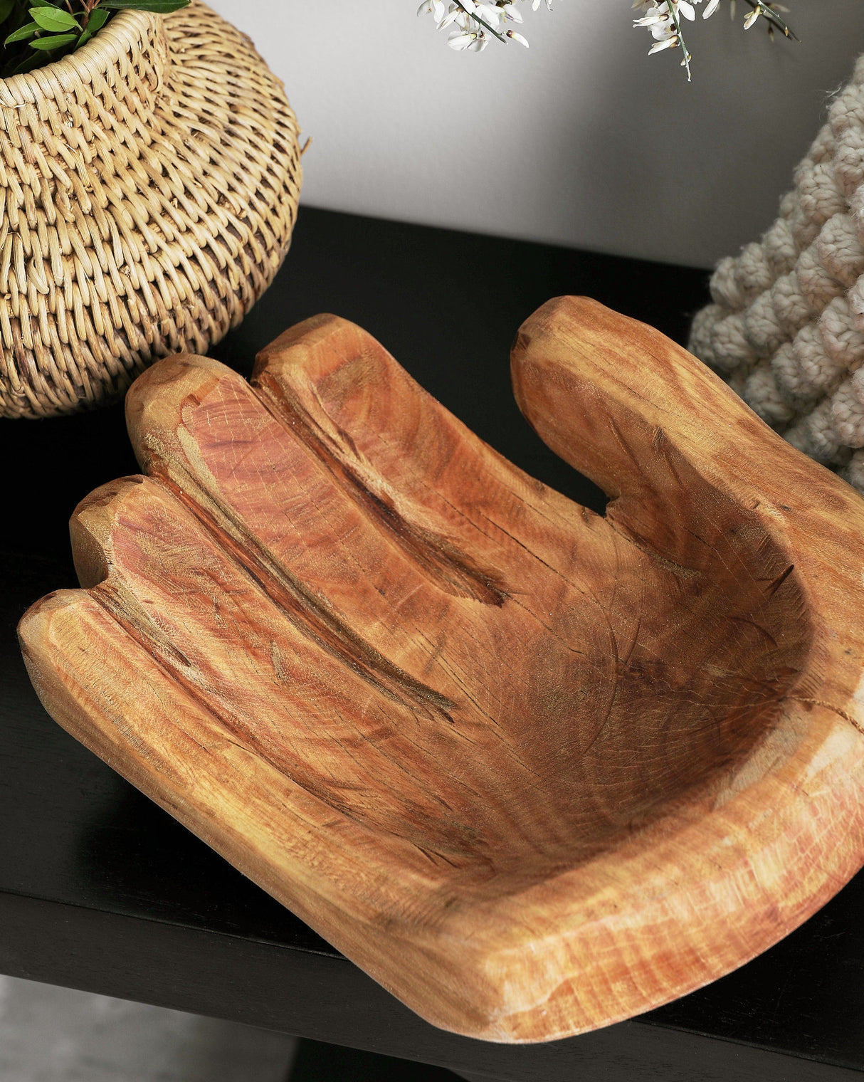 Cupped Hand Natural Eucalyptus Wood Bowl Sculpture-Décor Collection-Parc Decor