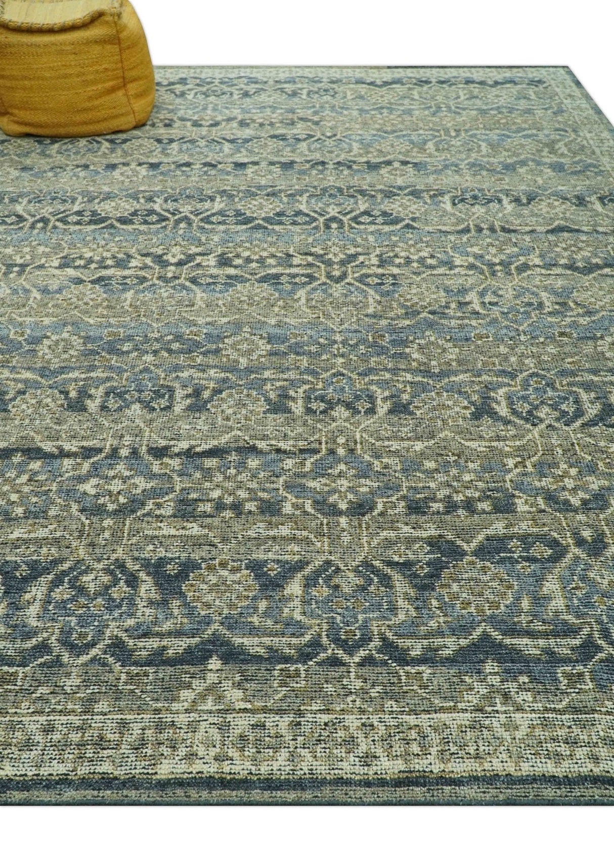 Custom Made Antique Charcoal Blue Transitional Hand Knotted Wool Area Rug