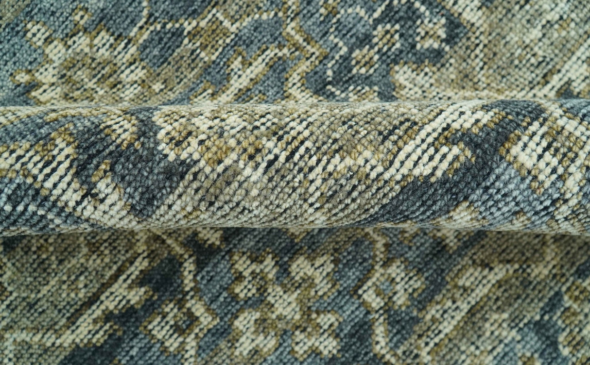 Custom Made Antique Charcoal Blue Transitional Hand Knotted Wool Area Rug