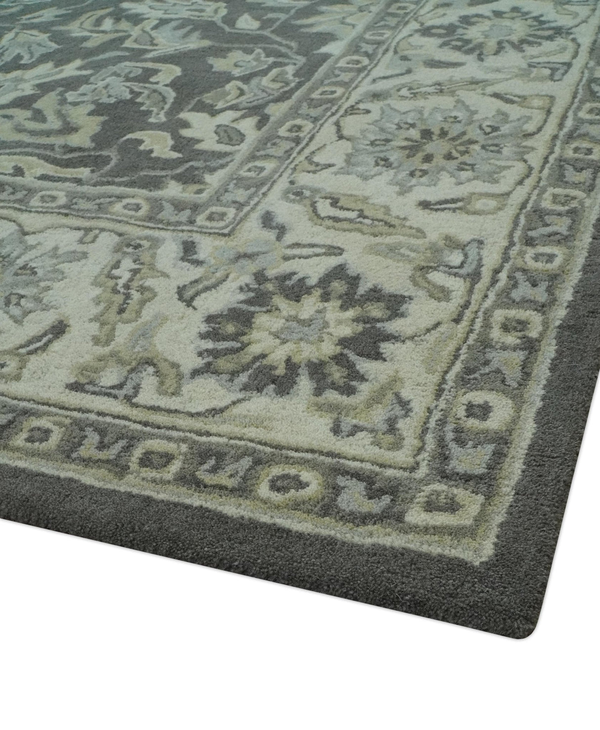 Custom Made Antique Design Charcoal and Beige Traditional Floral Hand Tufted Rug-Parc Decor