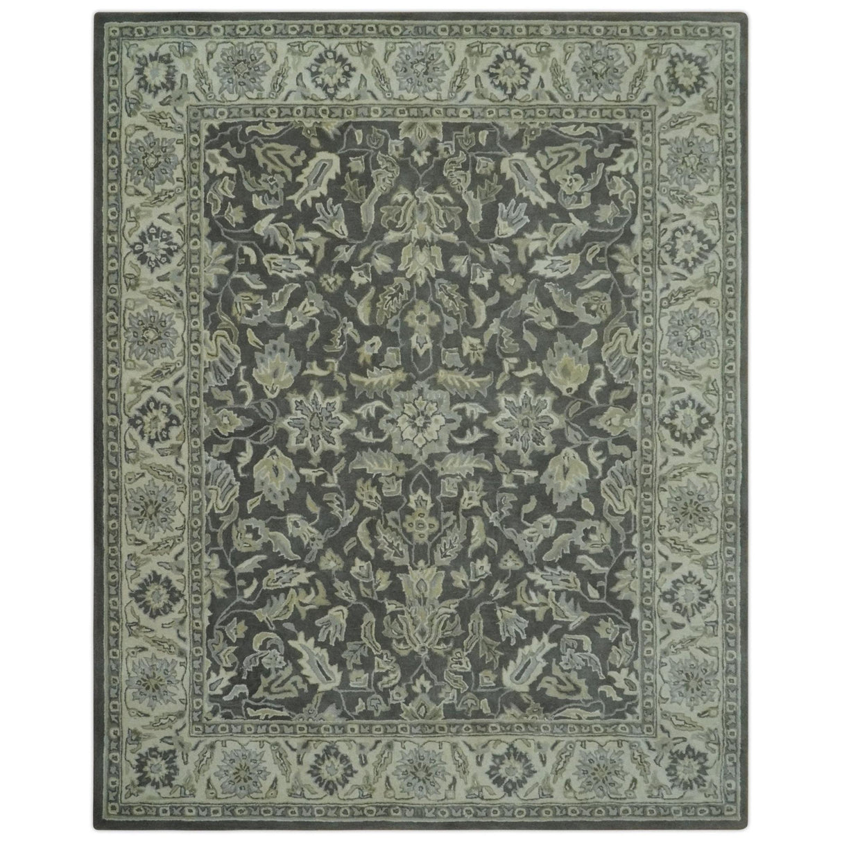 Custom Made Antique Design Charcoal and Beige Traditional Floral Hand Tufted Rug-Parc Decor
