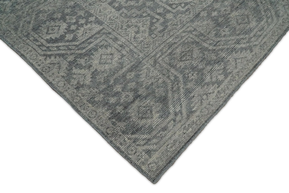 Custom Made Antique Finish Hand knotted Silver and Charcoal Wool Area Rug, Kids, Living Room and Bedroom Rug