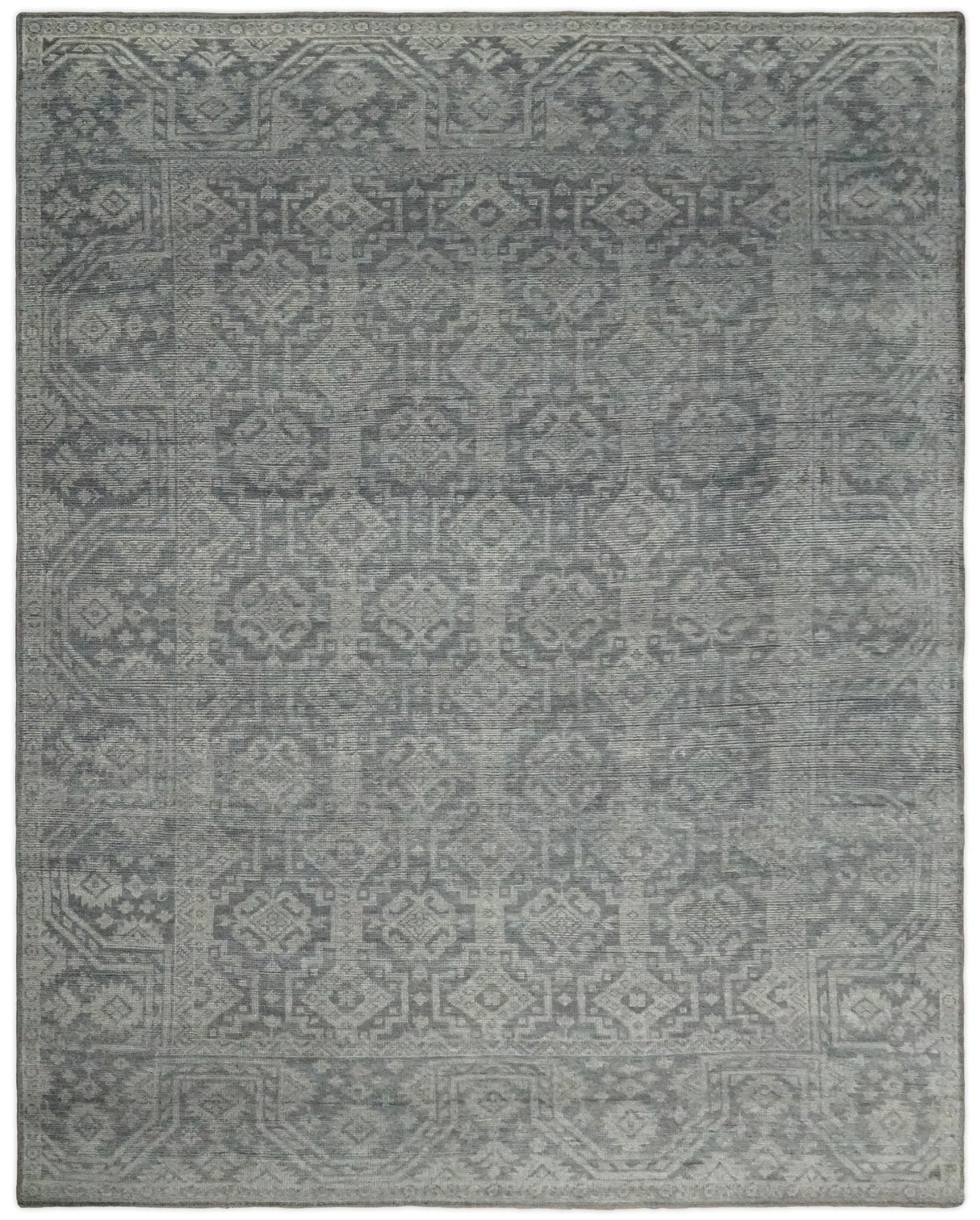 Custom Made Antique Finish Hand knotted Silver and Charcoal Wool Area Rug, Kids, Living Room and Bedroom Rug