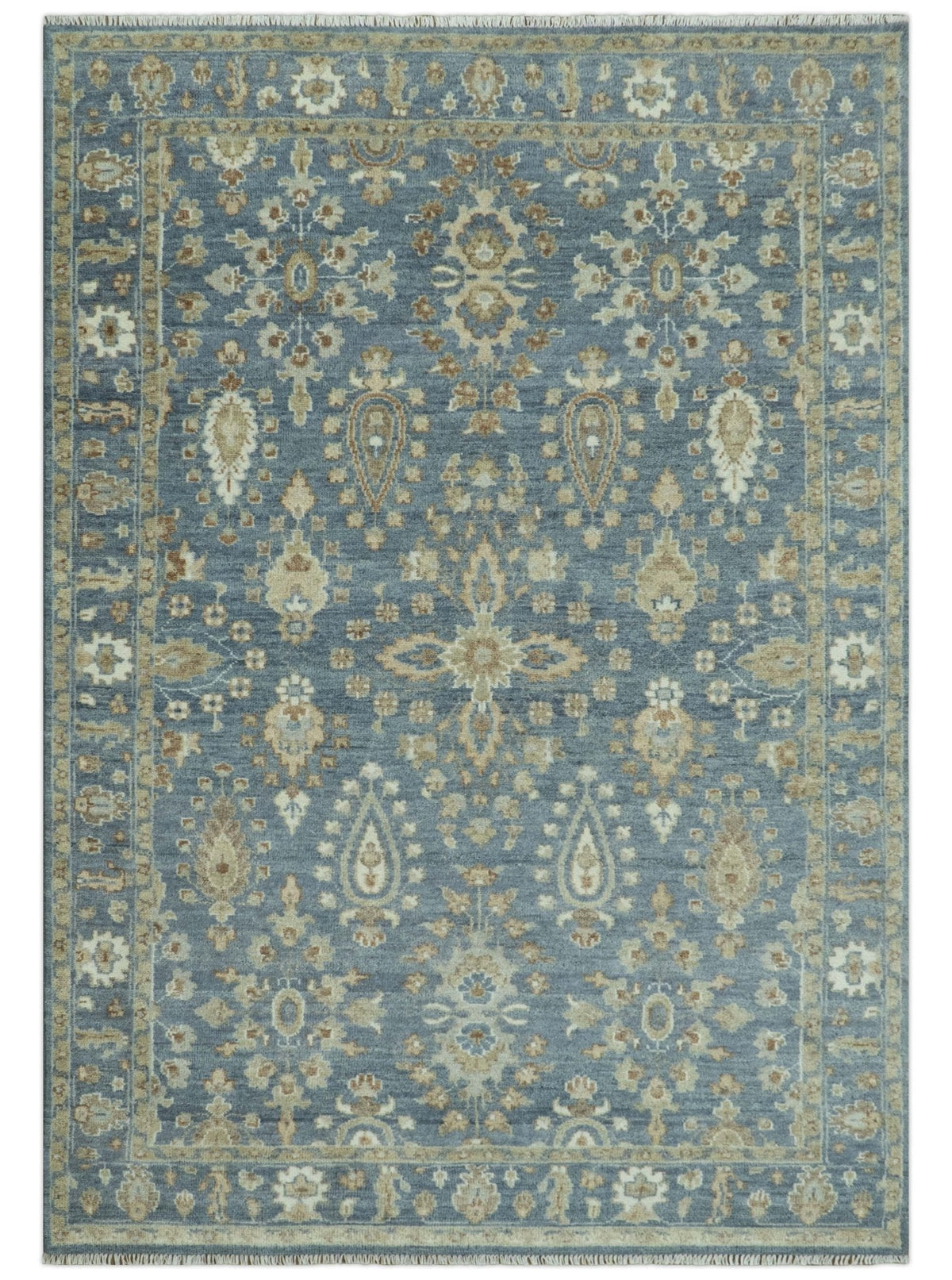 Custom Made Antique Hand Knotted Blue and Beige Traditional Oushak Wool Area Rug