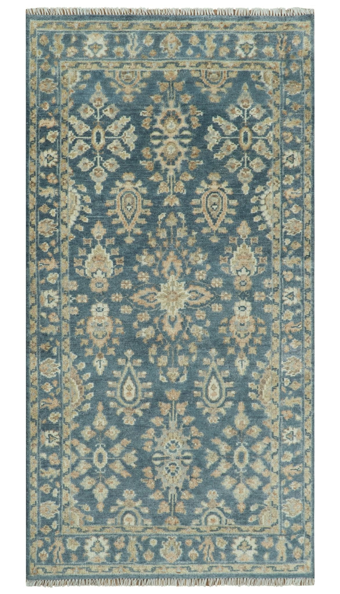 Custom Made Antique Hand Knotted Blue and Beige Traditional Oushak Wool Area Rug